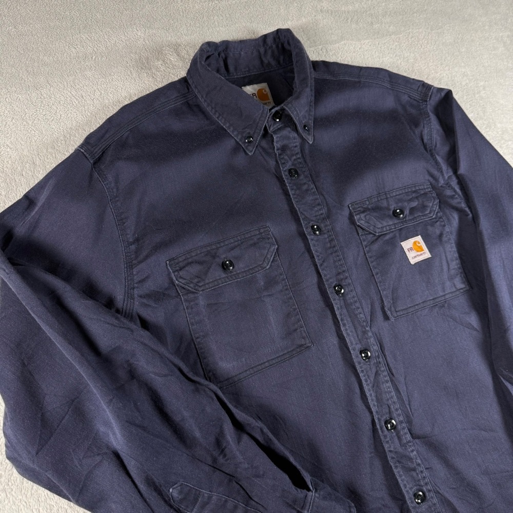 Carhartt FR Work Shirt Men XL Navy Blue Flame Resistant Button Down CAT 2